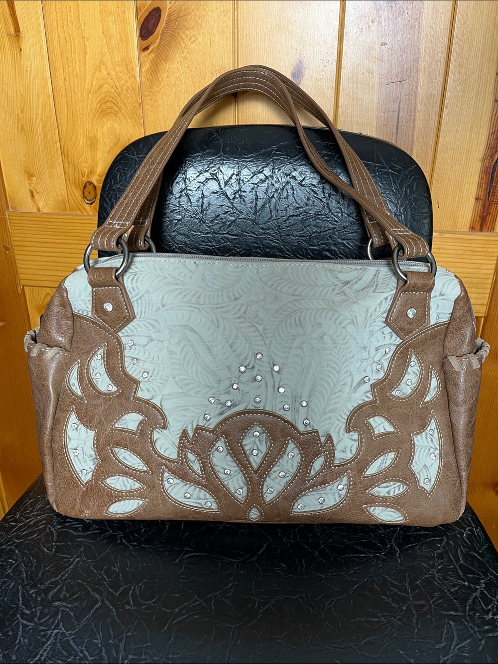 Brown and Ivory Embossed Women’s Handbag Concealed Carry Pocket